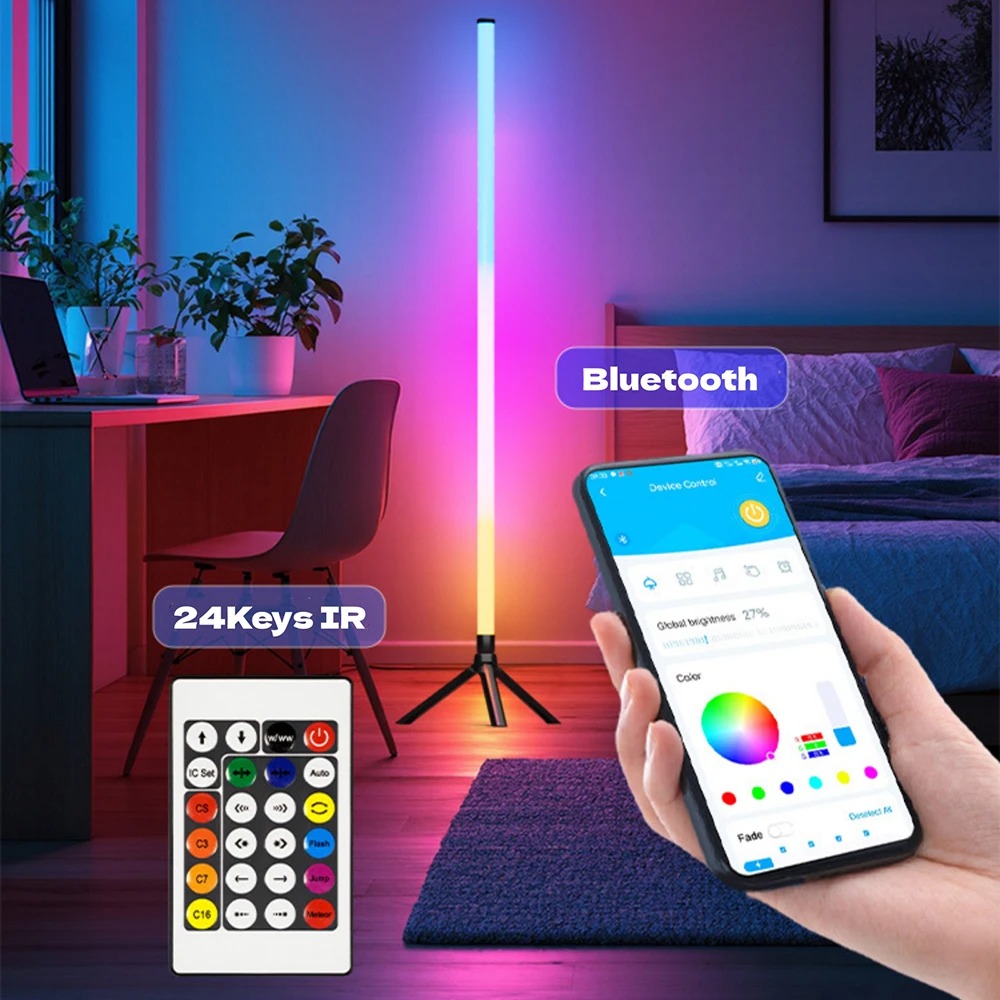 Smart RGB CCT Led Floor Lamp 103cm 360 Round Tube 5V USB Powered 24key Bluetooth APP Remote Control for Gaming PC TV Decoration