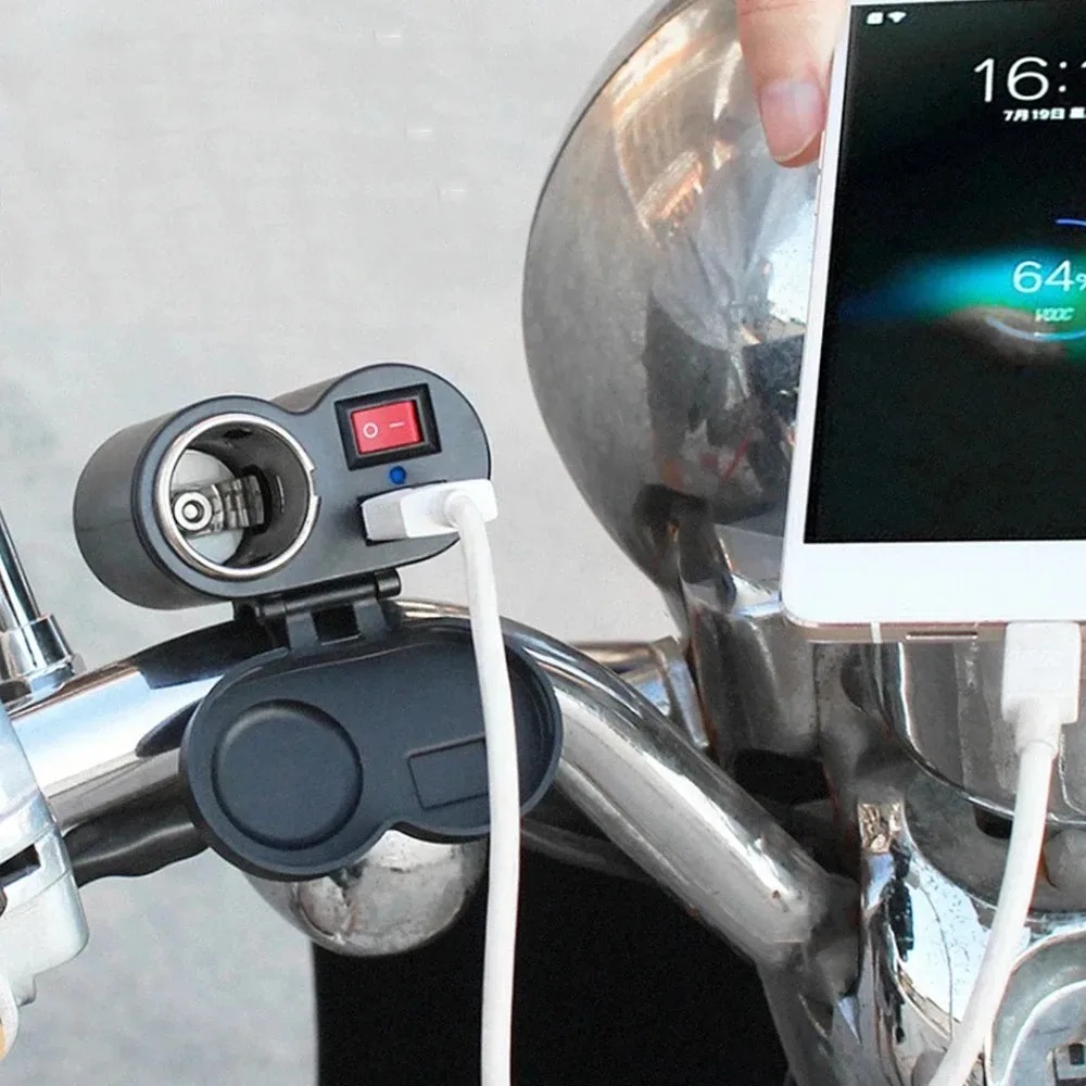 12V Motorcycle Handlebar USB Charger Waterproof Cigaret-te Lighter Socket with Switch for Cellphones Mobile Tablets