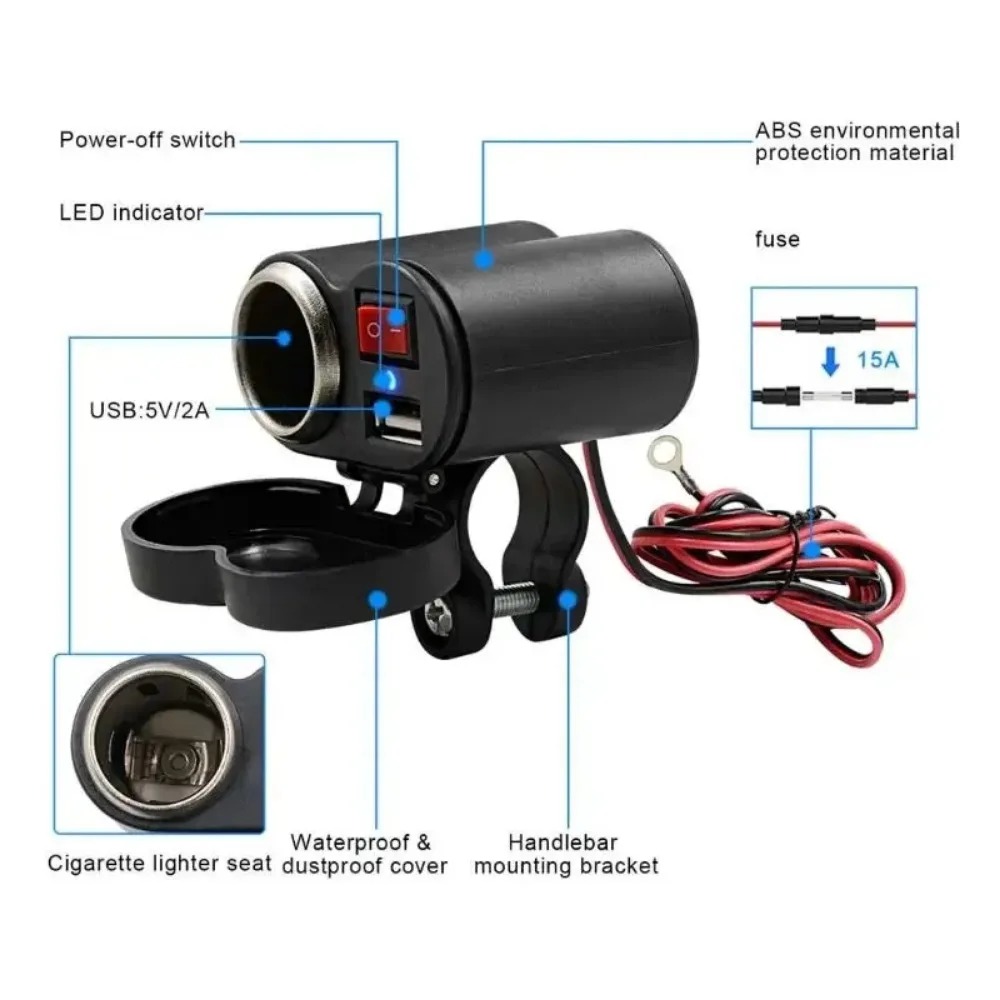 12V Motorcycle Handlebar USB Charger Waterproof Cigaret-te Lighter Socket with Switch for Cellphones Mobile Tablets