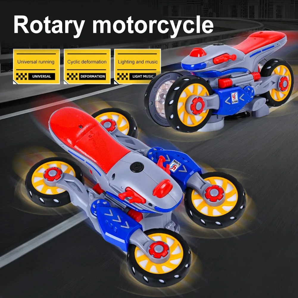 Auto-Rotating Wheels Motorcycle Model with LED Light and Music 360° Spinning Transforming Motorcycle for Children Kid Toddler