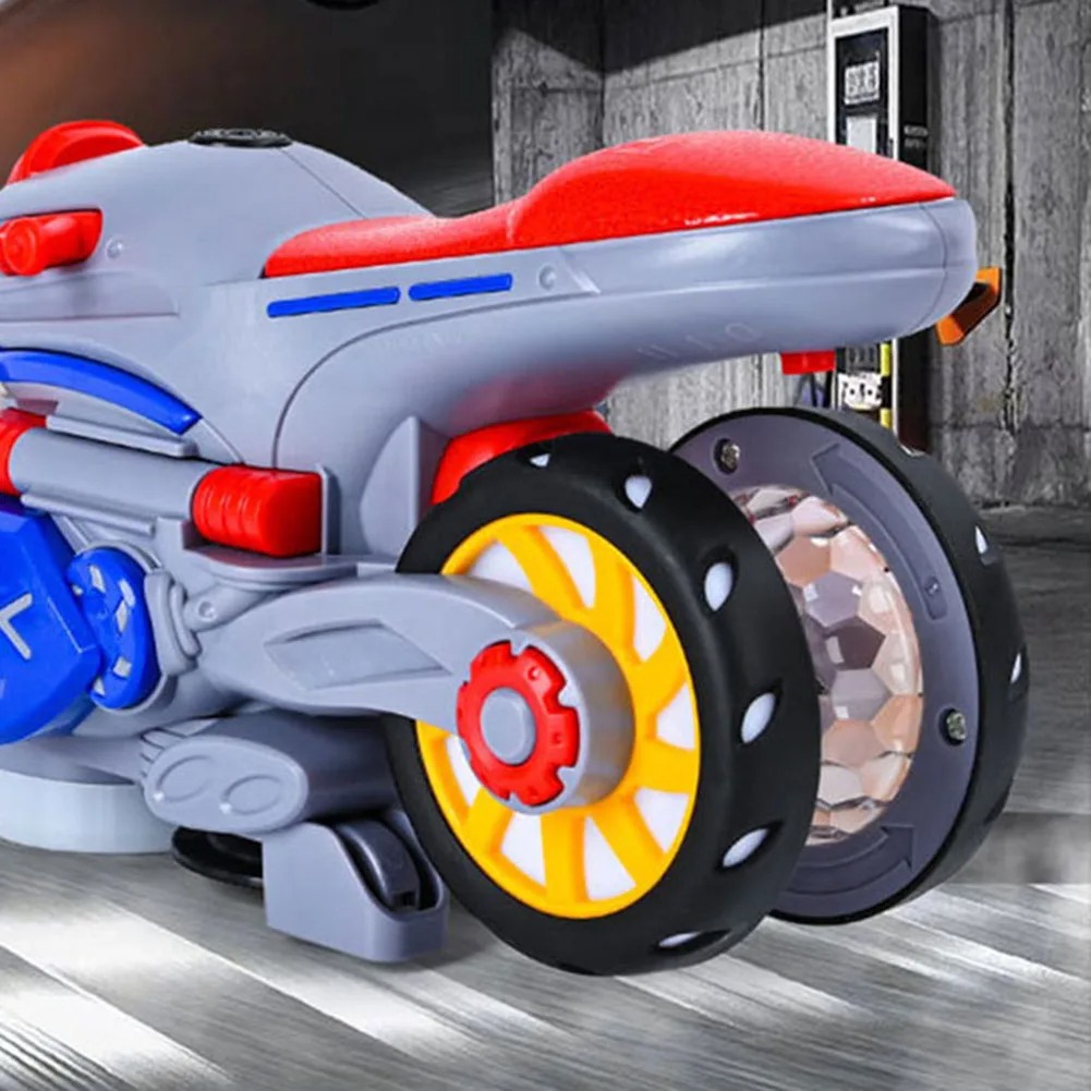 Auto-Rotating Wheels Motorcycle Model with LED Light and Music 360° Spinning Transforming Motorcycle for Children Kid Toddler